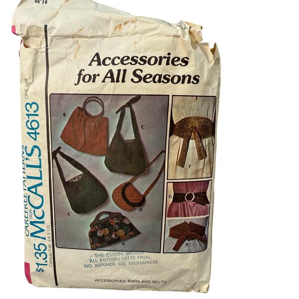 Vintage McCall's 4613 Sewing Pattern Bags Belts Accessories 1975 Some Cut 70's